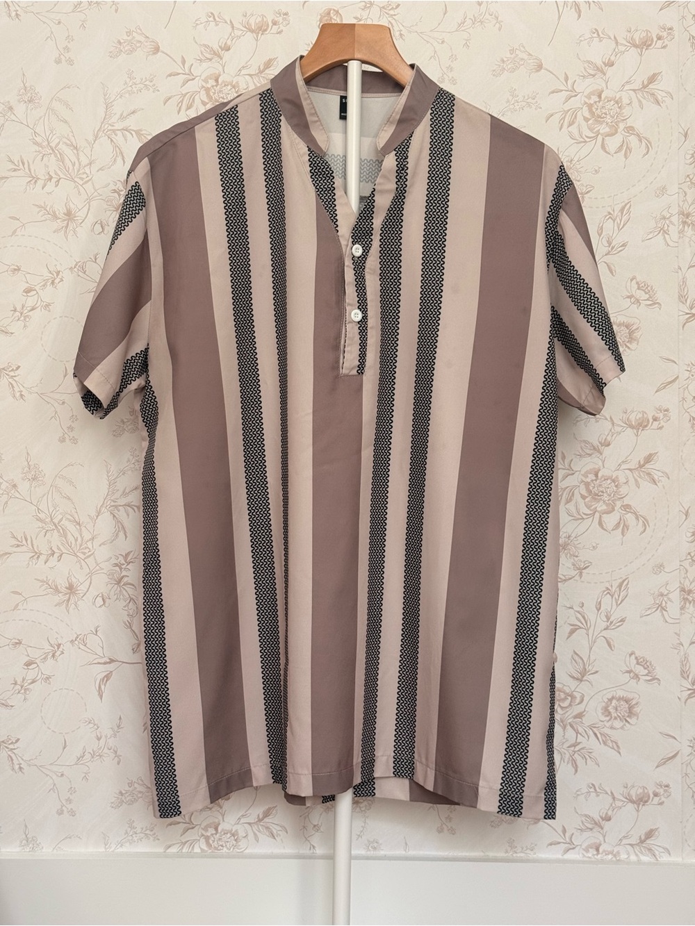 SHEIN Taupe and Black Vertical Stripe Short-Sleeve Shirt